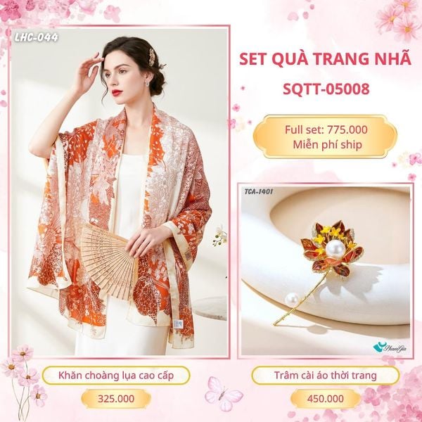 Set Quà Tặng Khăn Choàng Lụa 90*180cm Và Trâm Cài Áo Trang Nhã (SQTT05008)
