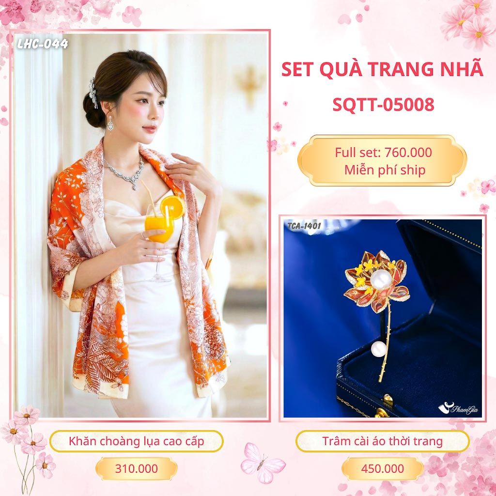 Set Quà Tặng Khăn Choàng Lụa 90*180cm Và Trâm Cài Áo Trang Nhã (SQTT05008)