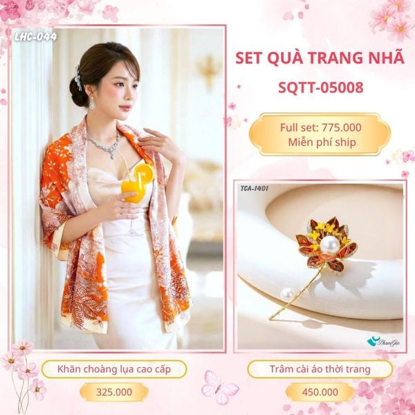Set Quà Tặng Khăn Choàng Lụa 90*180cm Và Trâm Cài Áo Trang Nhã (SQTT05008)