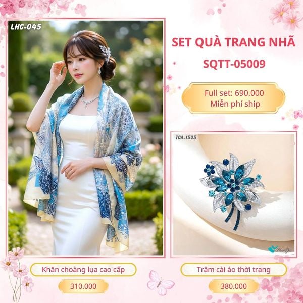 Set Quà Tặng Khăn Choàng Lụa 90*180cm Và Trâm Cài Áo Trang Nhã (SQTT05009)