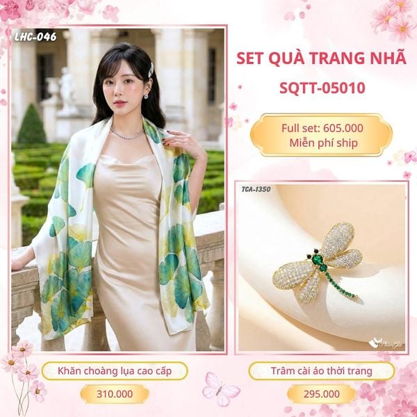 Set Quà Tặng Khăn Choàng Lụa 90*180cm Và Trâm Cài Áo Trang Nhã (SQTT05010)