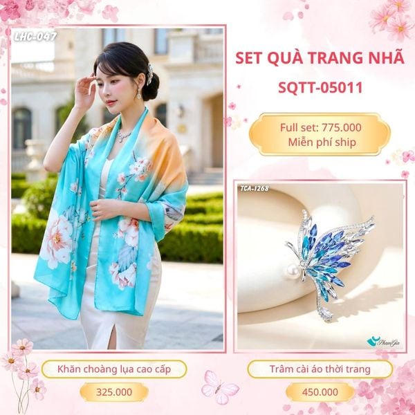 Set Quà Tặng Khăn Choàng Lụa 90*180cm Và Trâm Cài Áo Trang Nhã (SQTT05011)