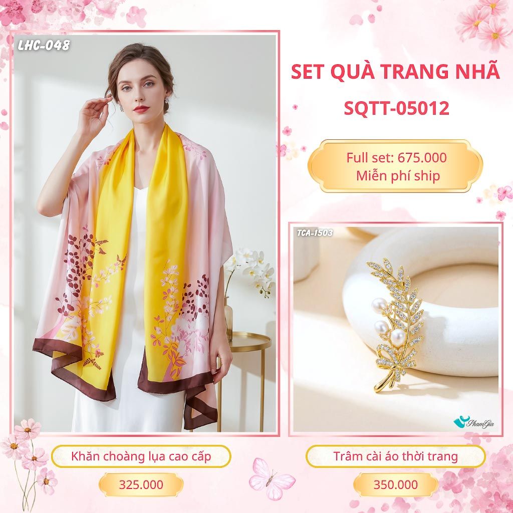 Set Quà Tặng Khăn Choàng Lụa 90*180cm Và Trâm Cài Áo Trang Nhã (SQTT05012)