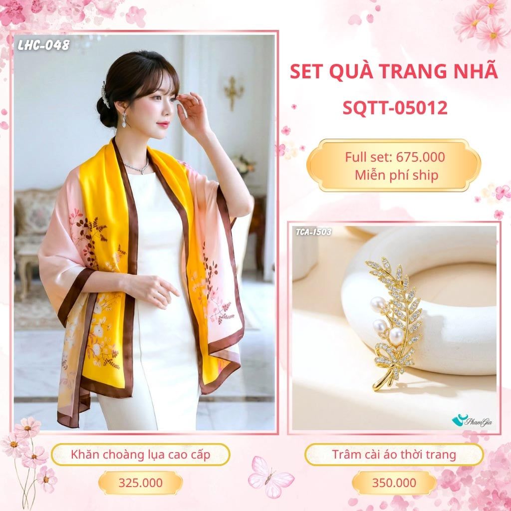 Set Quà Tặng Khăn Choàng Lụa 90*180cm Và Trâm Cài Áo Trang Nhã (SQTT05012)