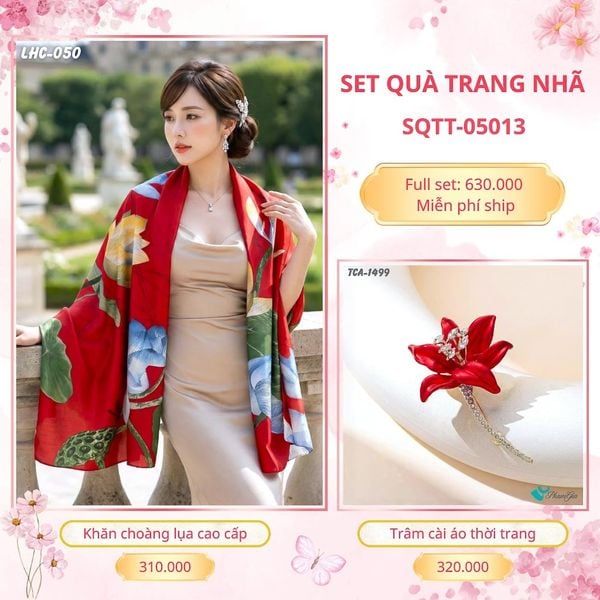 Set Quà Tặng Khăn Choàng Lụa 90*180cm Và Trâm Cài Áo Trang Nhã (SQTT05013)