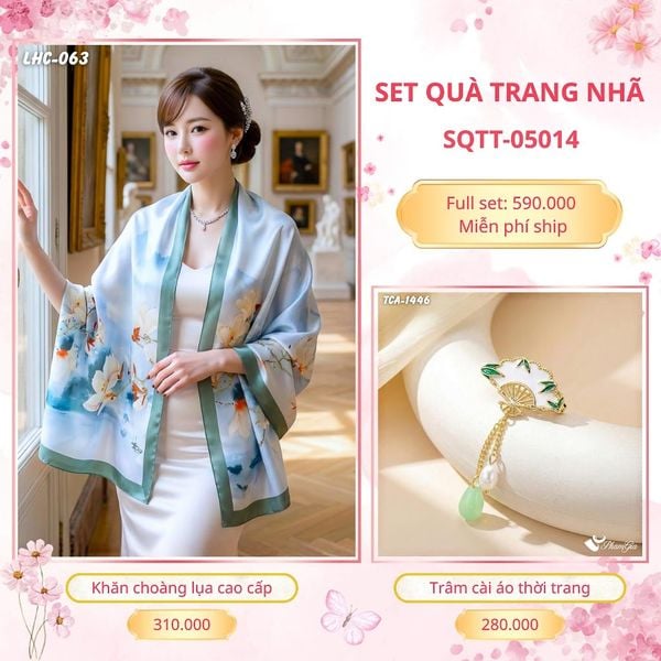 Set Quà Tặng Khăn Choàng Lụa 90*180cm Và Trâm Cài Áo Trang Nhã (SQTT05014)