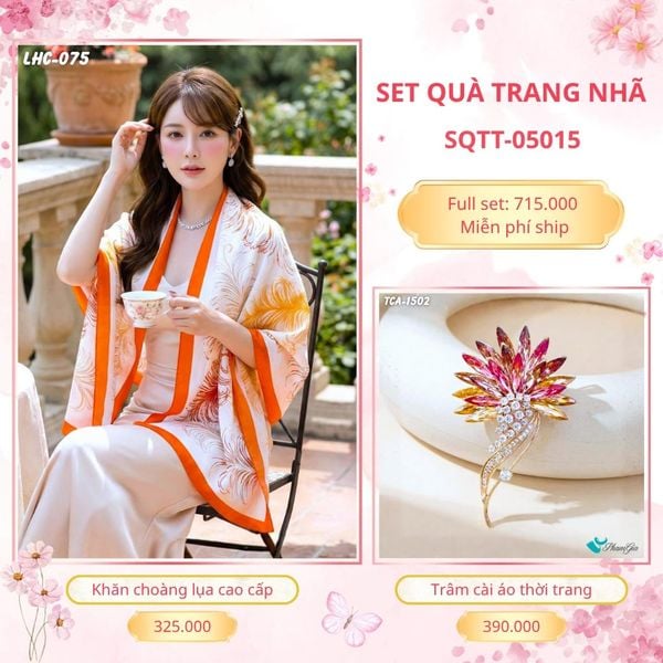 Set Quà Tặng Khăn Choàng Lụa 90*180cm Và Trâm Cài Áo Trang Nhã (SQTT05015)