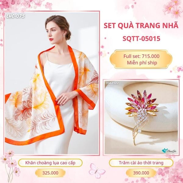 Set Quà Tặng Khăn Choàng Lụa 90*180cm Và Trâm Cài Áo Trang Nhã (SQTT05015)