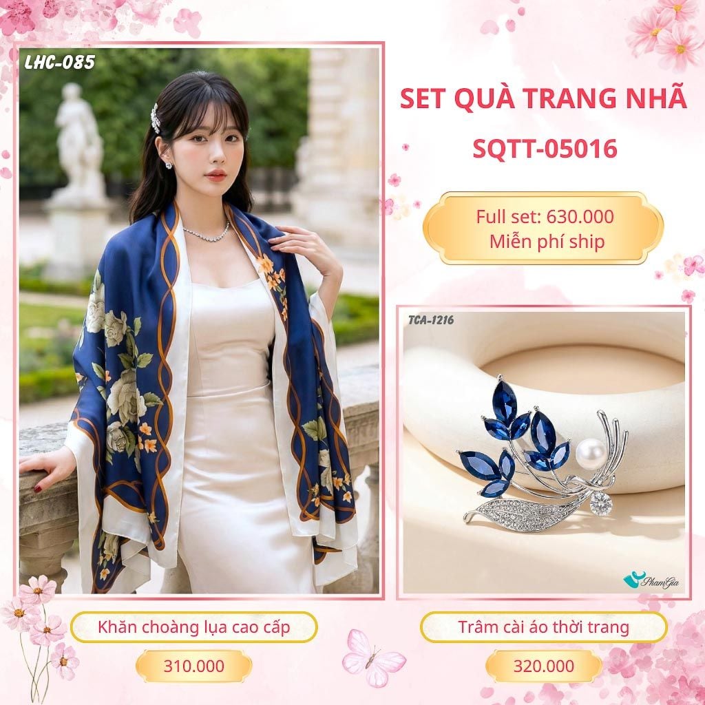 Set Quà Tặng Khăn Choàng Lụa 90*180cm Và Trâm Cài Áo Trang Nhã (SQTT05016)
