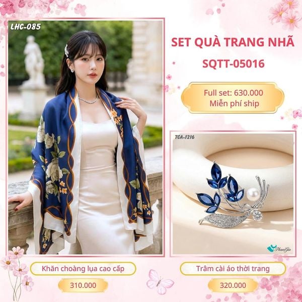 Set Quà Tặng Khăn Choàng Lụa 90*180cm Và Trâm Cài Áo Trang Nhã (SQTT05016)
