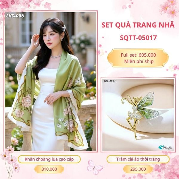Set Quà Tặng Khăn Choàng Lụa 90*180cm Và Trâm Cài Áo Trang Nhã (SQTT05017)