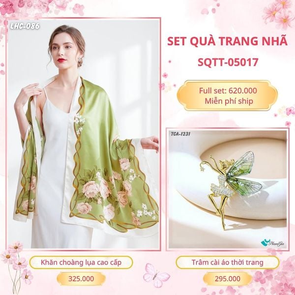 Set Quà Tặng Khăn Choàng Lụa 90*180cm Và Trâm Cài Áo Trang Nhã (SQTT05017)