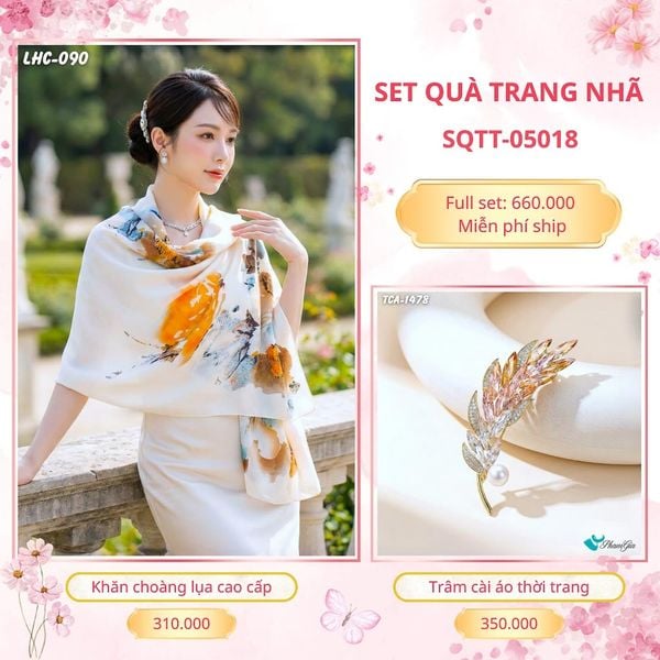 Set Quà Tặng Khăn Choàng Lụa 90*180cm Và Trâm Cài Áo Trang Nhã (SQTT05018)