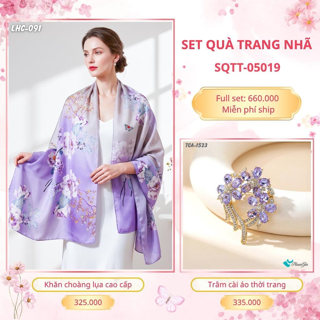 Set Quà Tặng Khăn Choàng Lụa 90*180cm Và Trâm Cài Áo Trang Nhã (SQTT05019)
