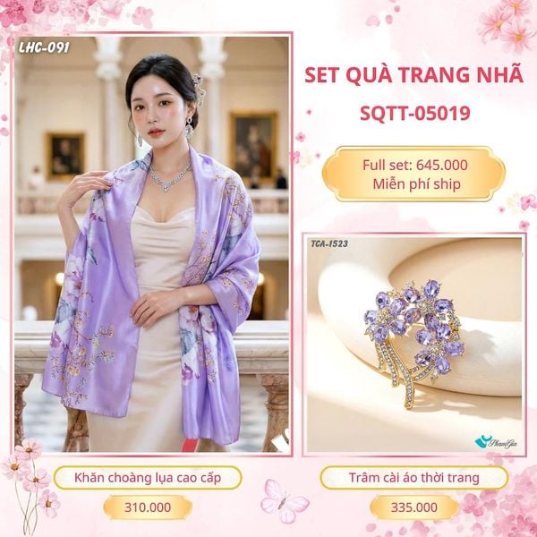 Set Quà Tặng Khăn Choàng Lụa 90*180cm Và Trâm Cài Áo Trang Nhã (SQTT05019)