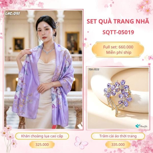 Set Quà Tặng Khăn Choàng Lụa 90*180cm Và Trâm Cài Áo Trang Nhã (SQTT05019)