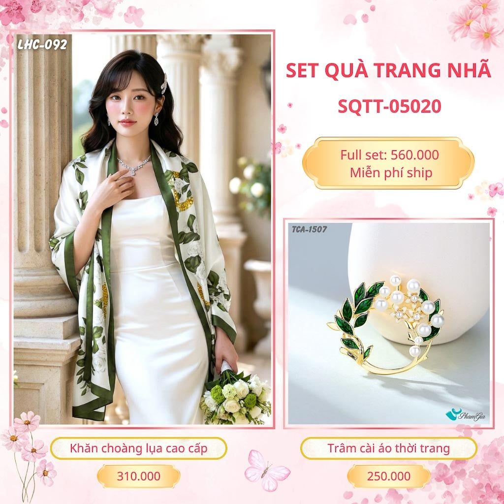 Set Quà Tặng Khăn Choàng Lụa 90*180cm Và Trâm Cài Áo Trang Nhã (SQTT05020)