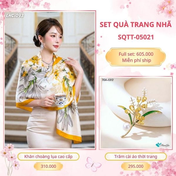 Set Quà Tặng Khăn Choàng Lụa 90*180cm Và Trâm Cài Áo Trang Nhã (SQTT05021)