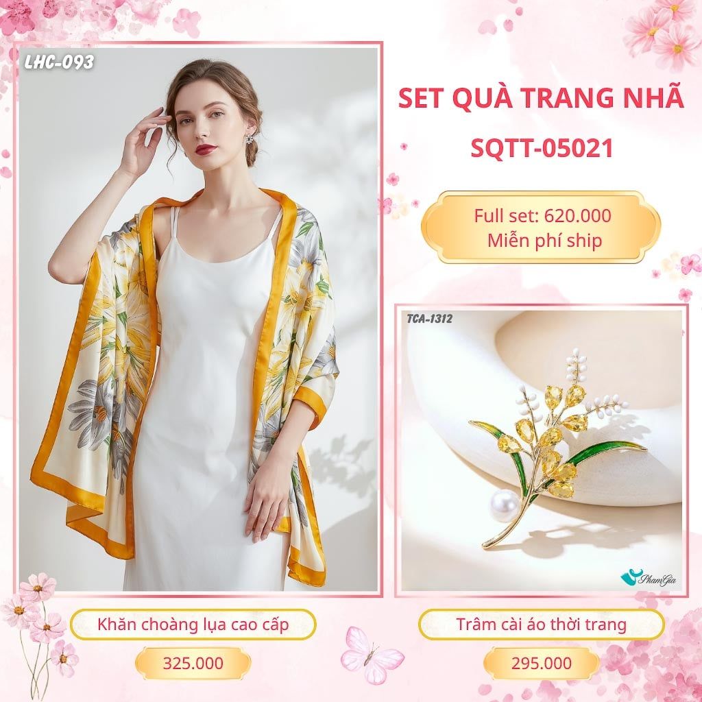 Set Quà Tặng Khăn Choàng Lụa 90*180cm Và Trâm Cài Áo Trang Nhã (SQTT05021)