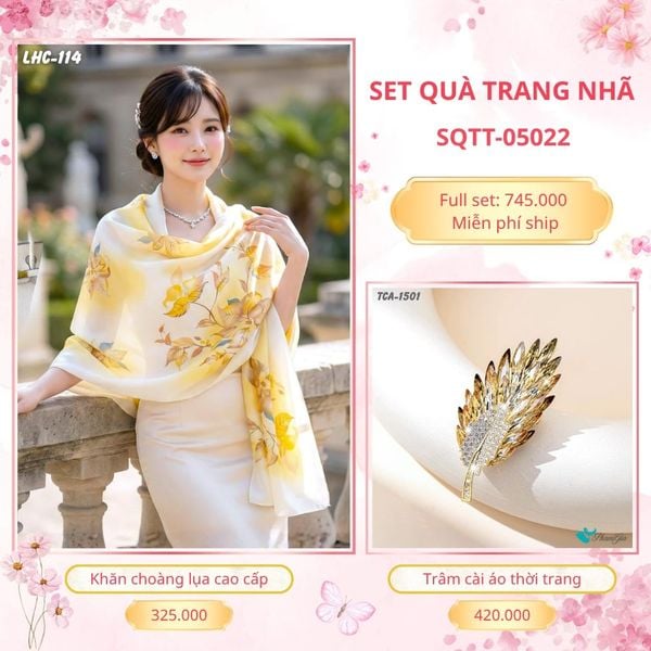 Set Quà Tặng Khăn Choàng Lụa 90*180cm Và Trâm Cài Áo Trang Nhã (SQTT05022)