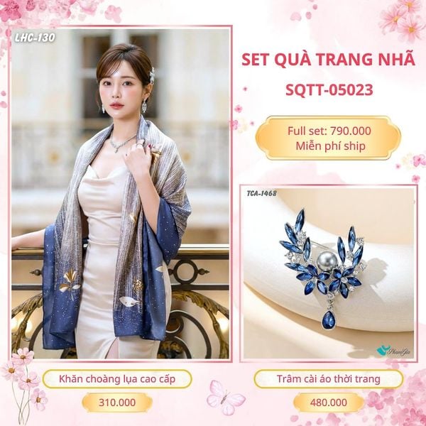 Set Quà Tặng Khăn Choàng Lụa 90*180cm Và Trâm Cài Áo Trang Nhã (SQTT05023)