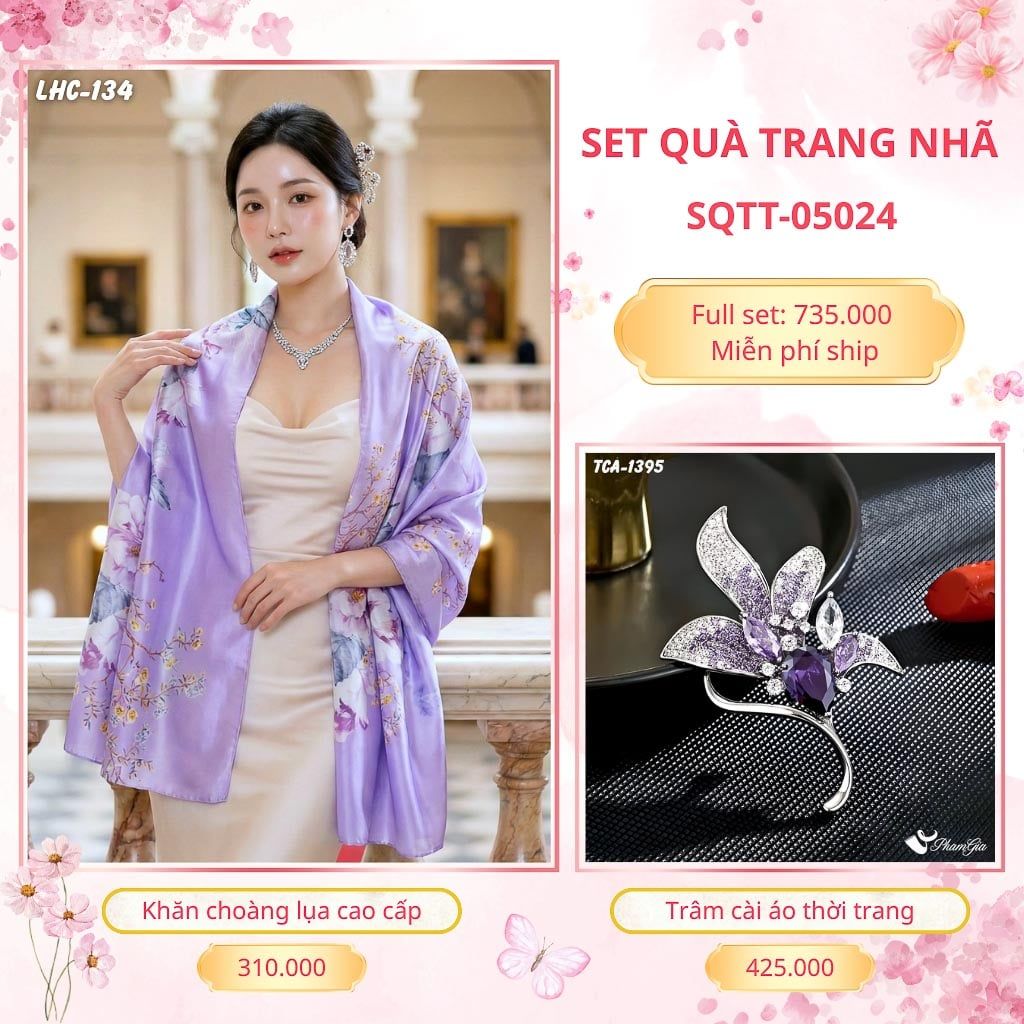 Set Quà Tặng Khăn Choàng Lụa 90*180cm Và Trâm Cài Áo Trang Nhã (SQTT05024)
