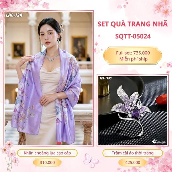 Set Quà Tặng Khăn Choàng Lụa 90*180cm Và Trâm Cài Áo Trang Nhã (SQTT05024)