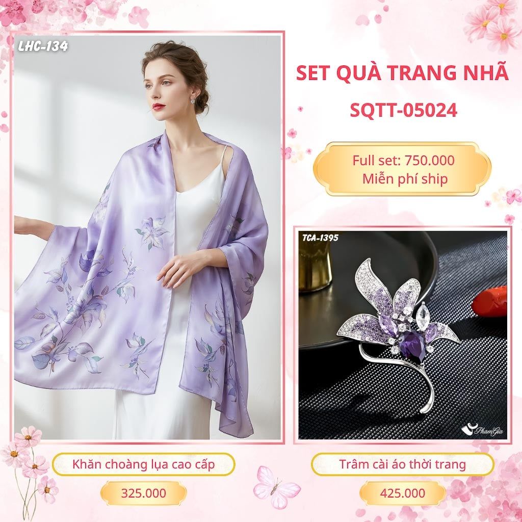 Set Quà Tặng Khăn Choàng Lụa 90*180cm Và Trâm Cài Áo Trang Nhã (SQTT05024)