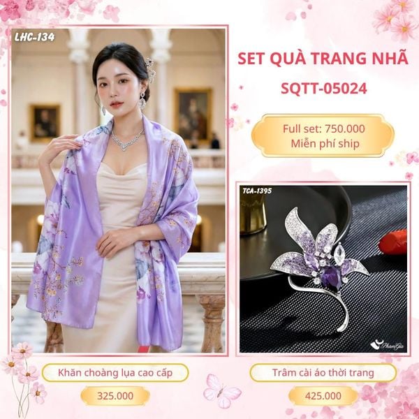 Set Quà Tặng Khăn Choàng Lụa 90*180cm Và Trâm Cài Áo Trang Nhã (SQTT05024)