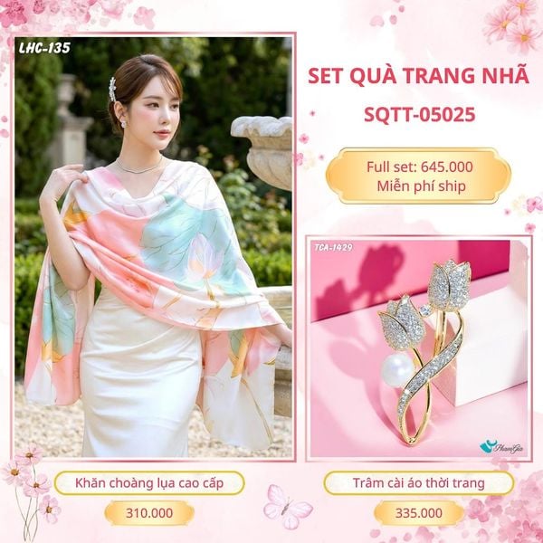 Set Quà Tặng Khăn Choàng Lụa 90*180cm Và Trâm Cài Áo Trang Nhã (SQTT05025)