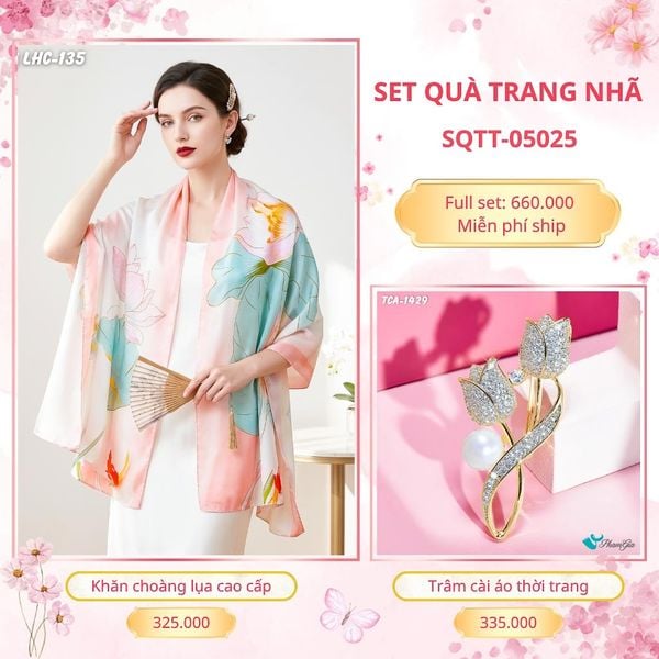 Set Quà Tặng Khăn Choàng Lụa 90*180cm Và Trâm Cài Áo Trang Nhã (SQTT05025)