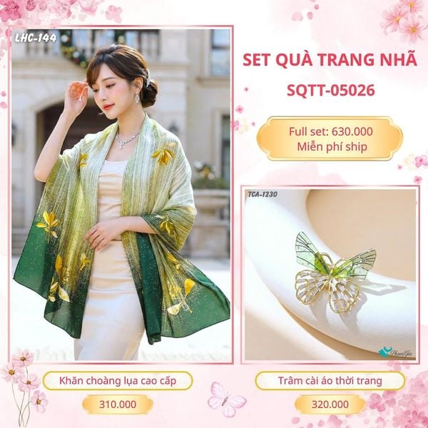 Set Quà Tặng Khăn Choàng Lụa 90*180cm Và Trâm Cài Áo Trang Nhã (SQTT05026)