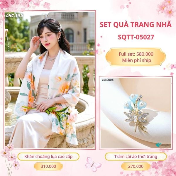Set Quà Tặng Khăn Choàng Lụa 90*180cm Và Trâm Cài Áo Trang Nhã (SQTT05027)