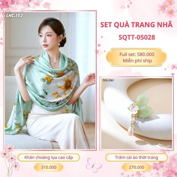Set Quà Tặng Khăn Choàng Lụa 90*180cm Và Trâm Cài Áo Trang Nhã (SQTT05028)