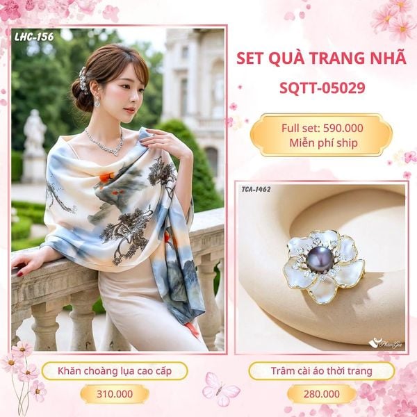 Set Quà Tặng Khăn Choàng Lụa 90*180cm Và Trâm Cài Áo Trang Nhã (SQTT05029)