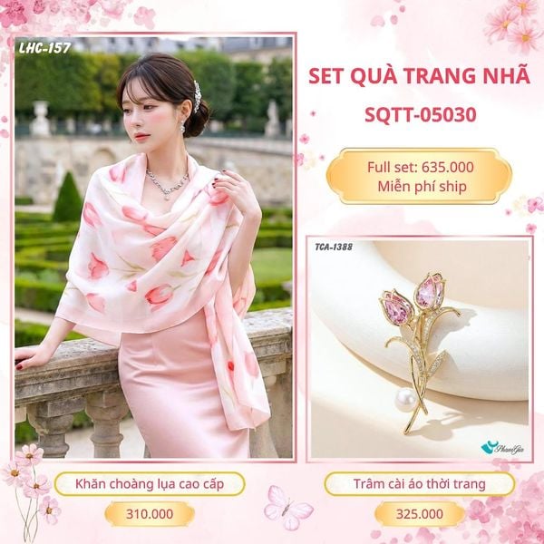 Set Quà Tặng Khăn Choàng Lụa 90*180cm Và Trâm Cài Áo Trang Nhã (SQTT05030)