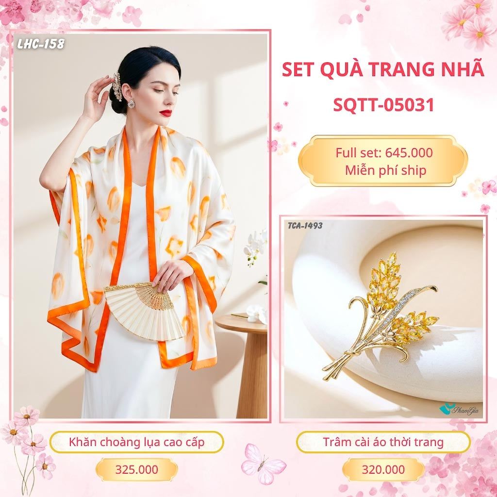 Set Quà Tặng Khăn Choàng Lụa 90*180cm Và Trâm Cài Áo Trang Nhã (SQTT05031)