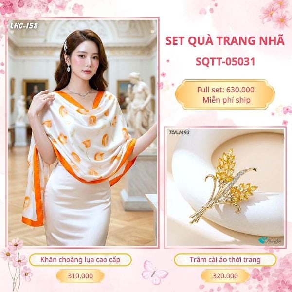 Set Quà Tặng Khăn Choàng Lụa 90*180cm Và Trâm Cài Áo Trang Nhã (SQTT05031)