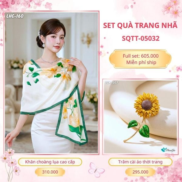 Set Quà Tặng Khăn Choàng Lụa 90*180cm Và Trâm Cài Áo Trang Nhã (SQTT05032)