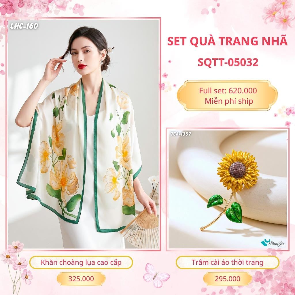 Set Quà Tặng Khăn Choàng Lụa 90*180cm Và Trâm Cài Áo Trang Nhã (SQTT05032)