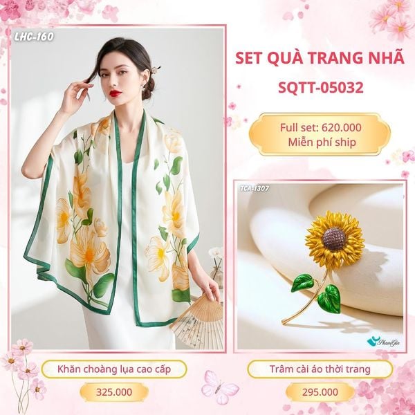 Set Quà Tặng Khăn Choàng Lụa 90*180cm Và Trâm Cài Áo Trang Nhã (SQTT05032)