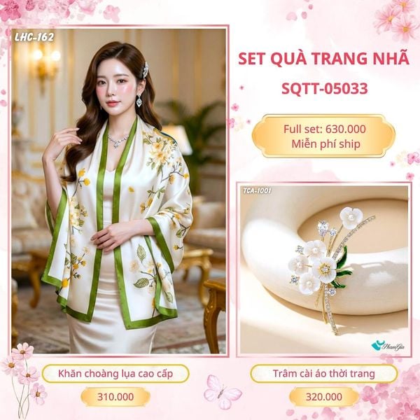 Set Quà Tặng Khăn Choàng Lụa 90*180cm Và Trâm Cài Áo Trang Nhã (SQTT05033)
