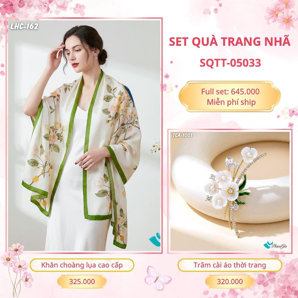 Set Quà Tặng Khăn Choàng Lụa 90*180cm Và Trâm Cài Áo Trang Nhã (SQTT05033)