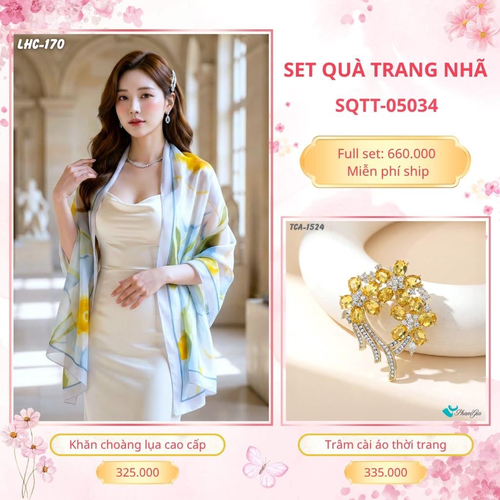 Set Quà Tặng Khăn Choàng Lụa 90*180cm Và Trâm Cài Áo Trang Nhã (SQTT05034)