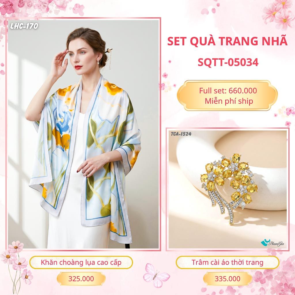 Set Quà Tặng Khăn Choàng Lụa 90*180cm Và Trâm Cài Áo Trang Nhã (SQTT05034)