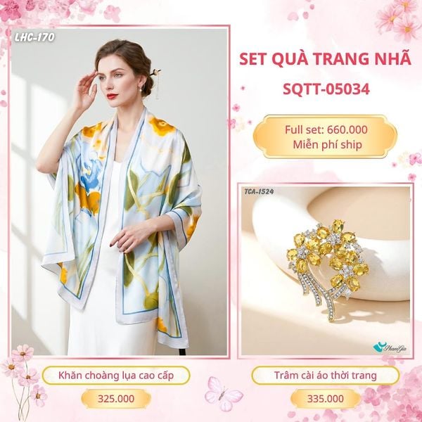 Set Quà Tặng Khăn Choàng Lụa 90*180cm Và Trâm Cài Áo Trang Nhã (SQTT05034)