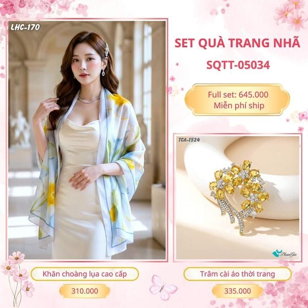 Set Quà Tặng Khăn Choàng Lụa 90*180cm Và Trâm Cài Áo Trang Nhã (SQTT05034)
