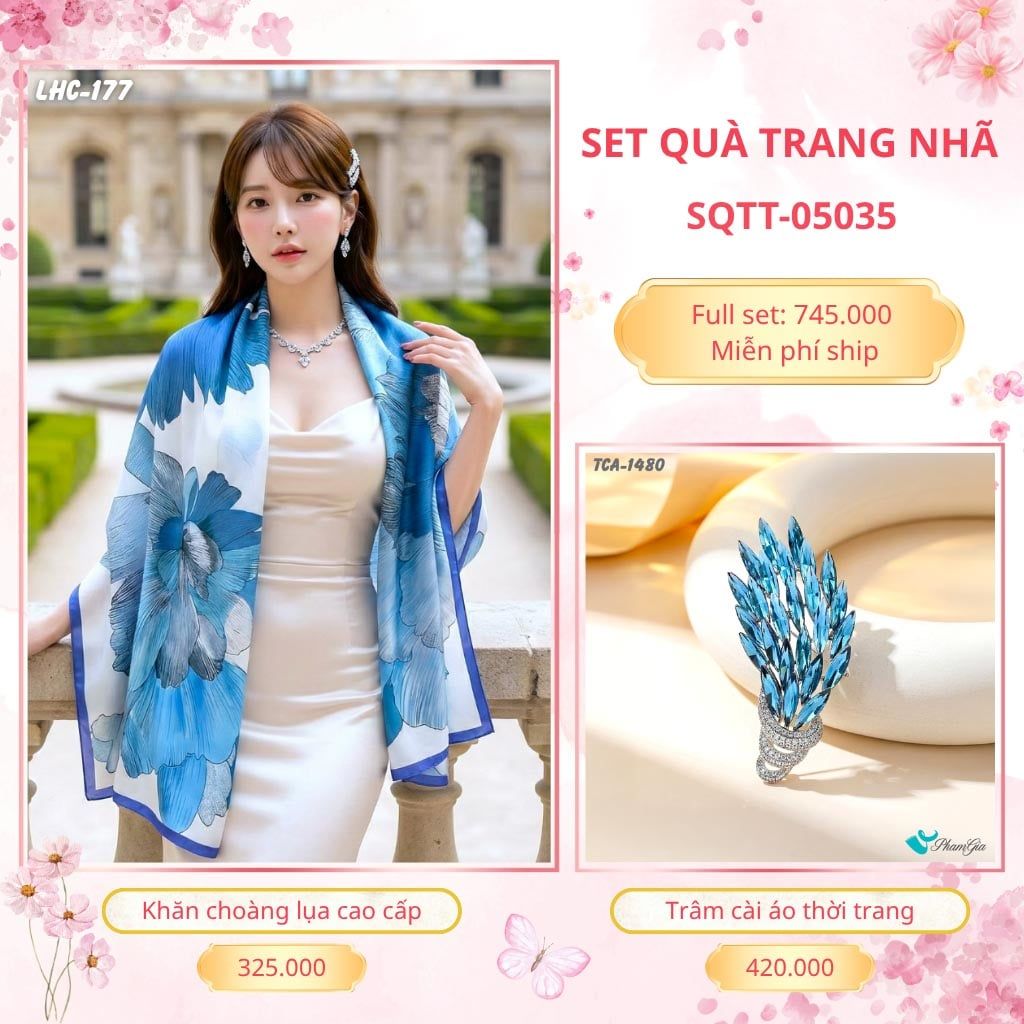 Set Quà Tặng Khăn Choàng Lụa 90*180cm Và Trâm Cài Áo Trang Nhã (SQTT05035)