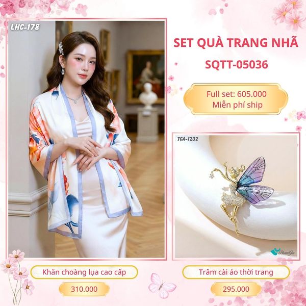 Set Quà Tặng Khăn Choàng Lụa 90*180cm Và Trâm Cài Áo Trang Nhã (SQTT05036)
