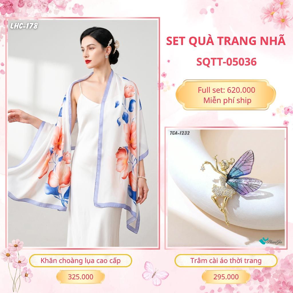 Set Quà Tặng Khăn Choàng Lụa 90*180cm Và Trâm Cài Áo Trang Nhã (SQTT05036)